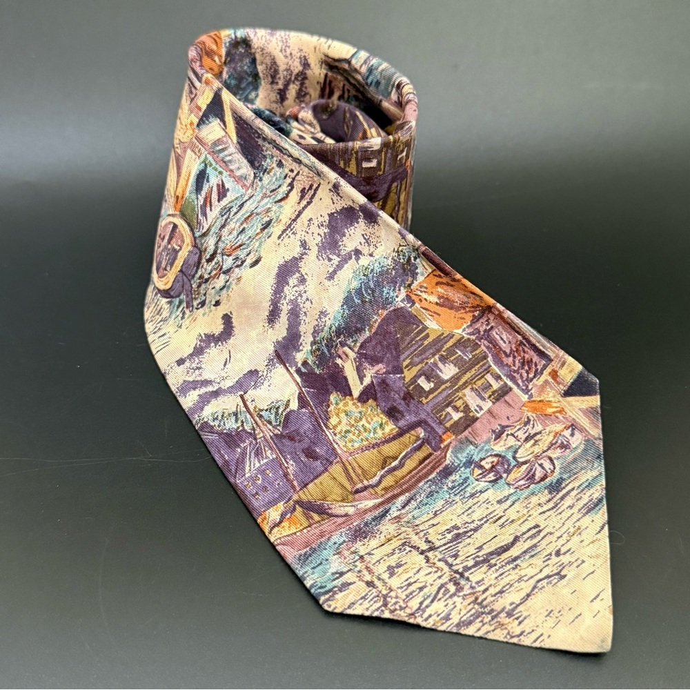 Vintage 100% Silk Novelty Print Coastal Town Scene with Boats Men’s Tie Necktie